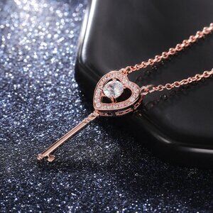 Key Hollow Heart Zircon Micro Pave Rose Gold Plated Necklace, EVGG1101